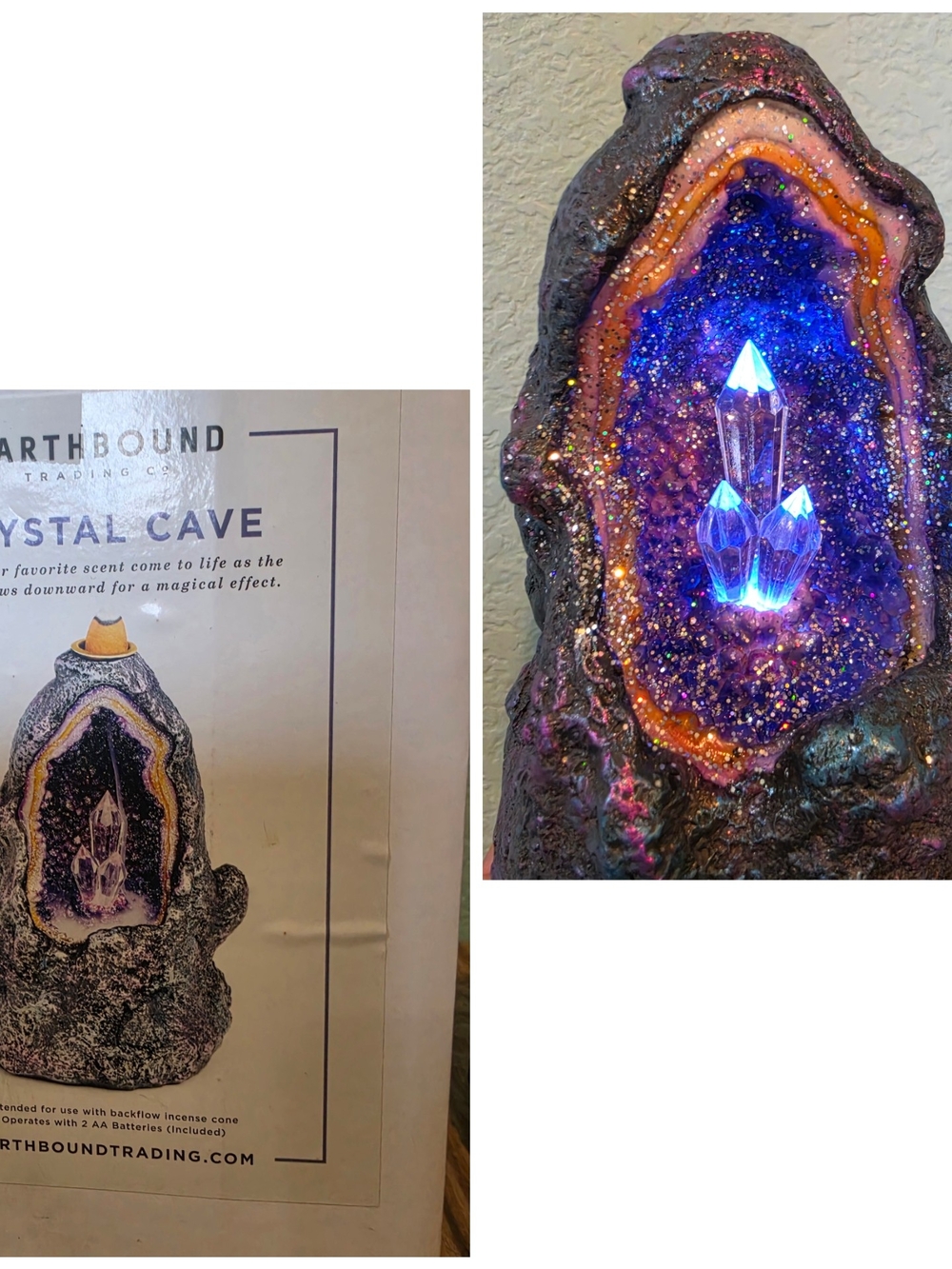 Earthbound Trading Crystal Cave Geode Light Up Backflow Burner + Incense Cones